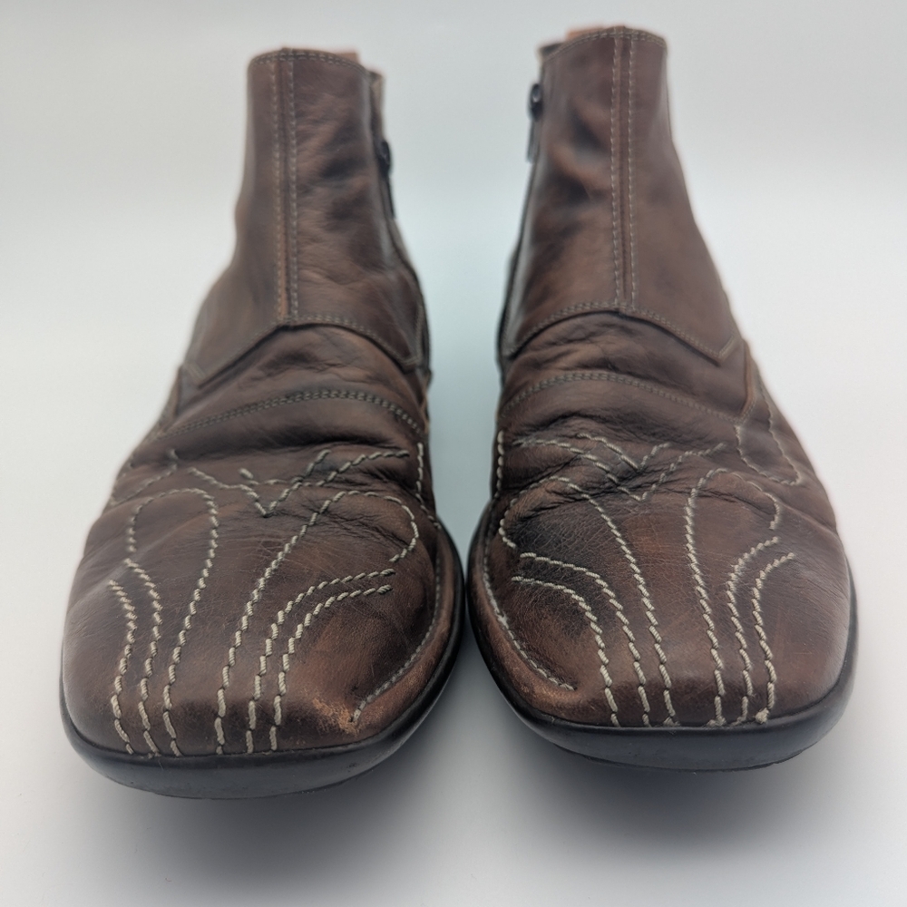 Bacco Bucci mens Brown Leather Ankle Boots Made Italy Size 12 Western Stitch - Picture 2 of 14